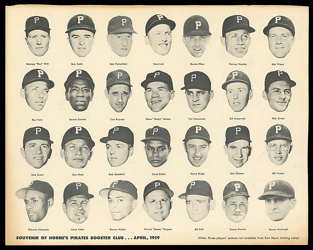1959 Horne's Department Store Pittsburgh Pirates Booster Club Team Composite with Roberto Clemente