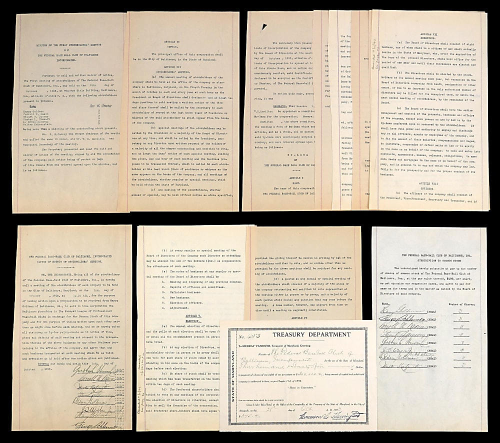 1913 Baltimore Terrapins Federal League Document Collection Related to the Team's Formation Including By-Laws with JSA LOA