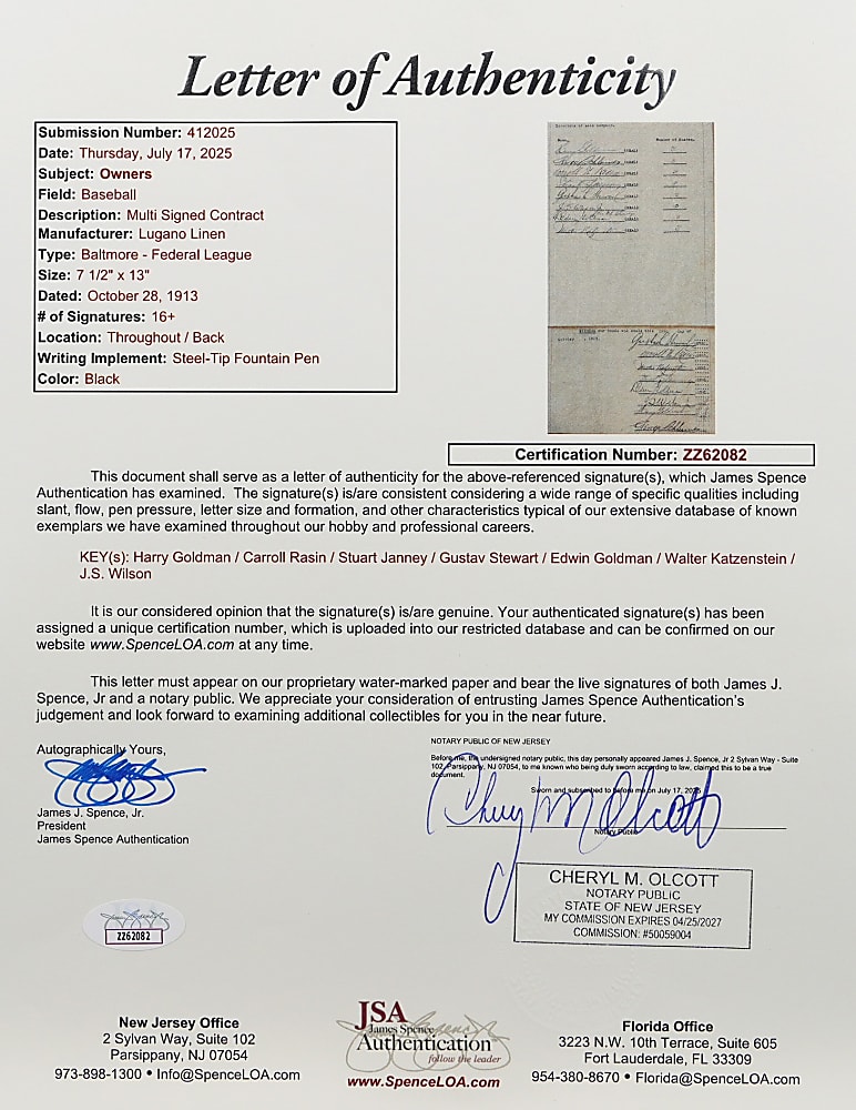 1913 Baltimore Terrapins Federal League Document Collection Related to the Team's Formation Including By-Laws with JSA LOA