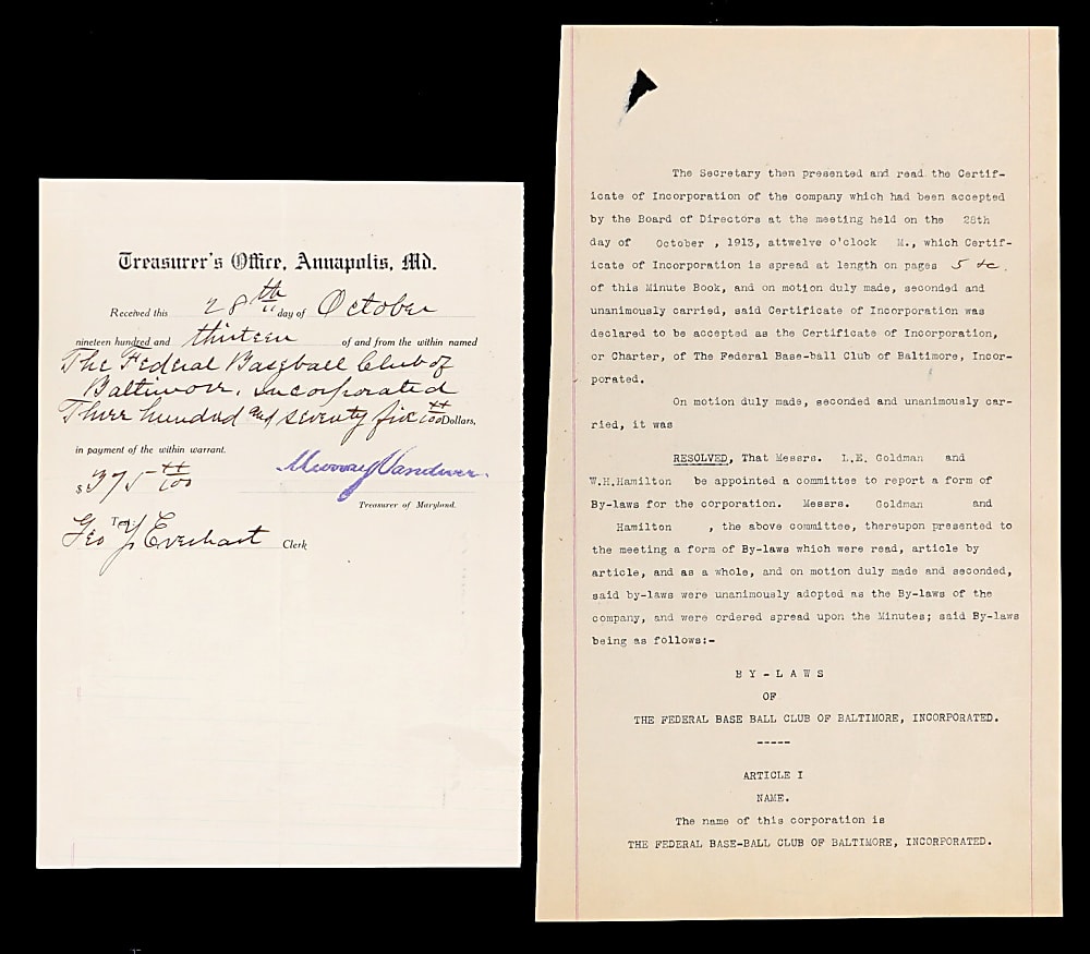 1913 Baltimore Terrapins Federal League Document Collection Related to the Team's Formation Including By-Laws with JSA LOA