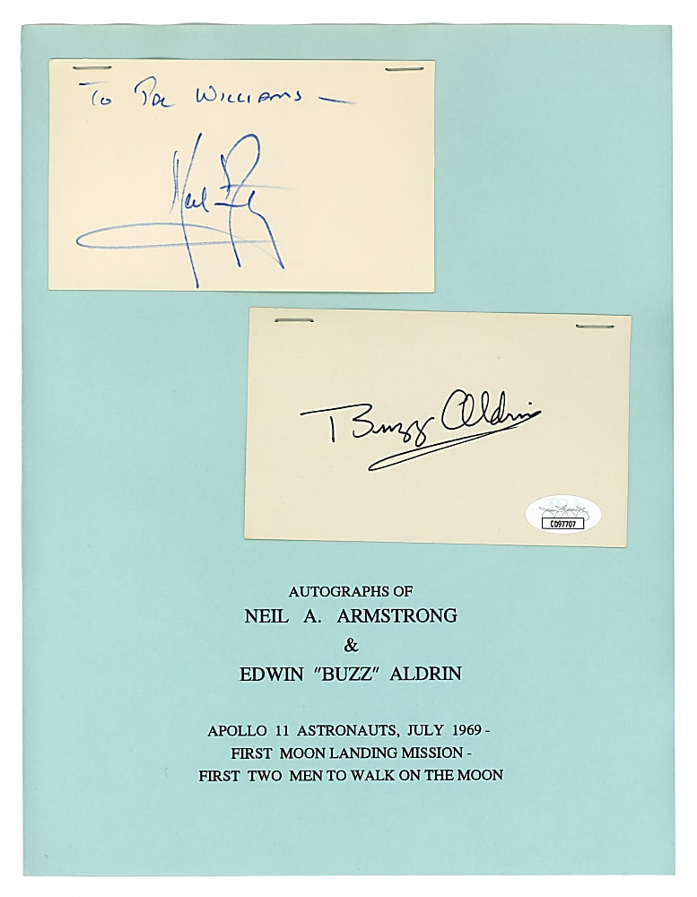 Neil Armstrong & Buzz Aldrin Signed Index Cards Pair on Apollo 11 Display - Full JSA LOA