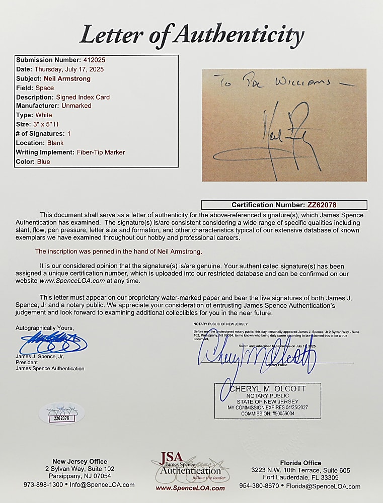 Neil Armstrong & Buzz Aldrin Signed Index Cards Pair on Apollo 11 Display - Full JSA LOA