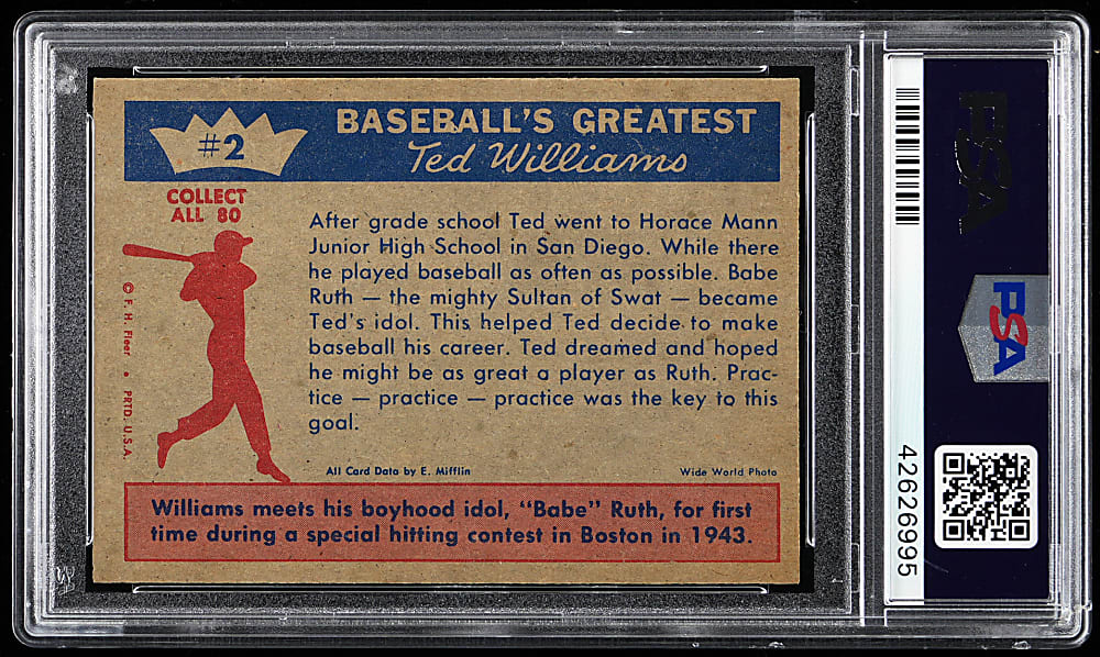 1959 Fleer Ted Williams #2 "Ted's Idol - Babe Ruth" PSA MINT 9 - Highest Graded!