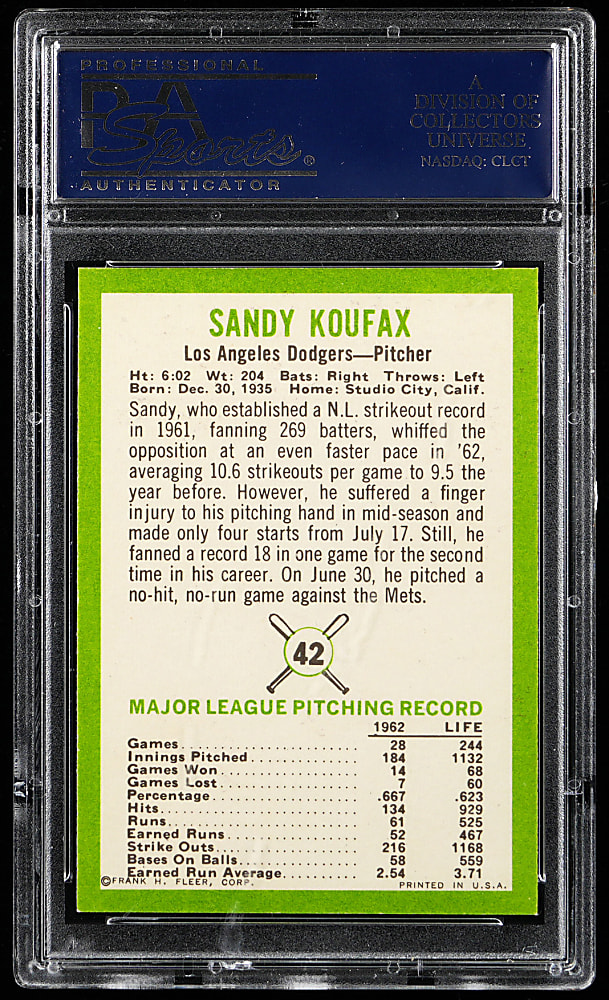 1963 Fleer #42 Sandy Koufax PSA MINT 9