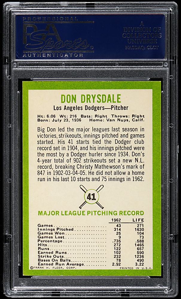 1963 Fleer #41 Don Drysdale PSA MINT 9