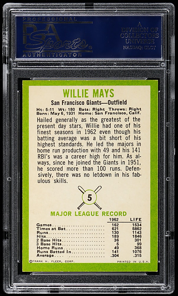 1963 Fleer #5 Willie Mays PSA NM-MT 8