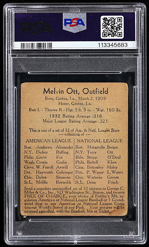 1933 R300 George C. Miller Mel Ott PSA POOR 1
