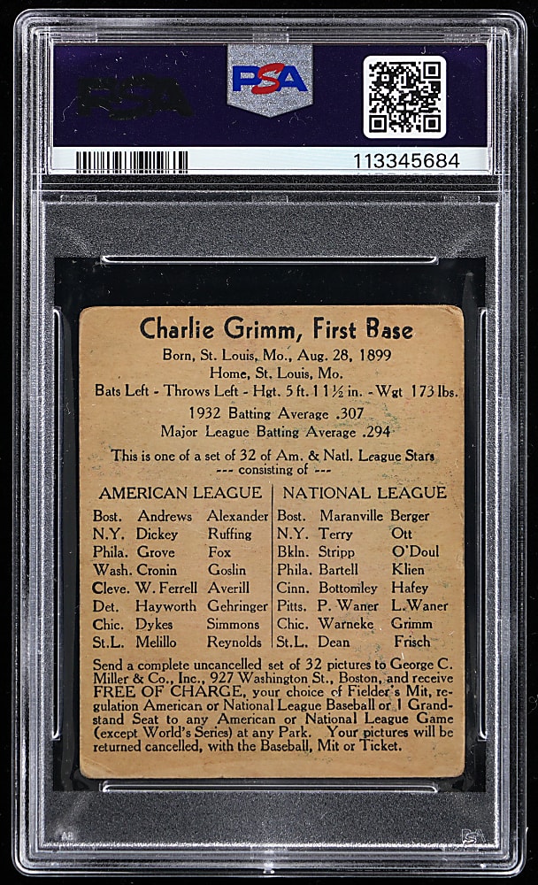 1933 R300 George C. Miller Charlie Grimm PSA GOOD 2