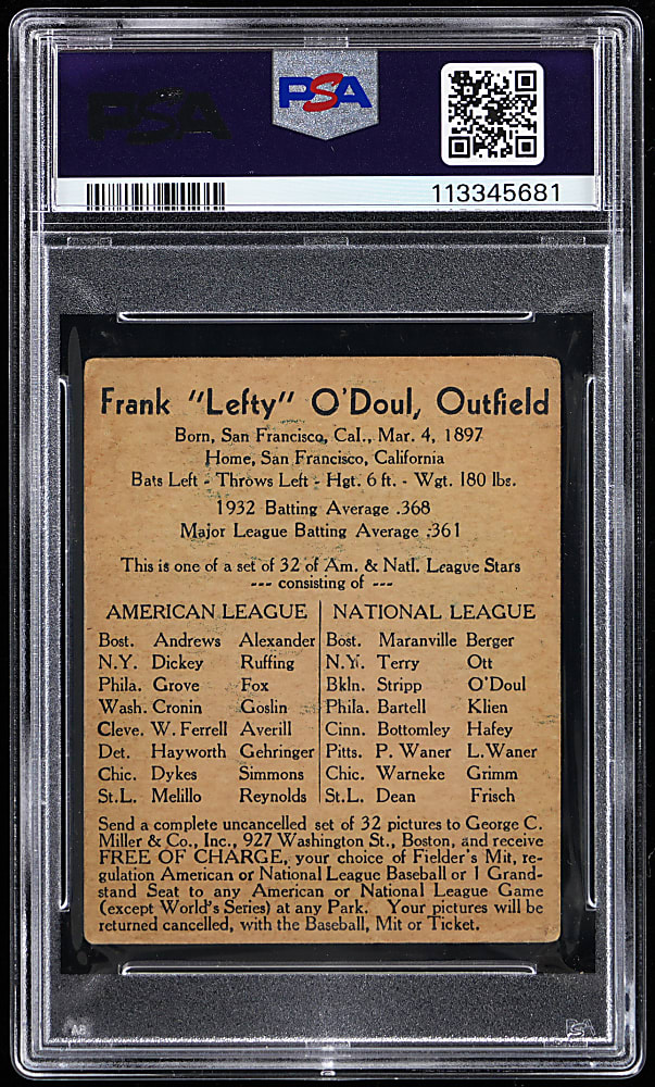 1933 R300 George C. Miller Frank Lefty O'Doul PSA VG 3