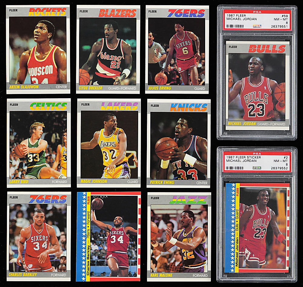 1987-1988 Fleer Basketball Complete Set (132) & Sticker Set (11) with PSA NM-MT 8 Michael Jordan Graded Pair