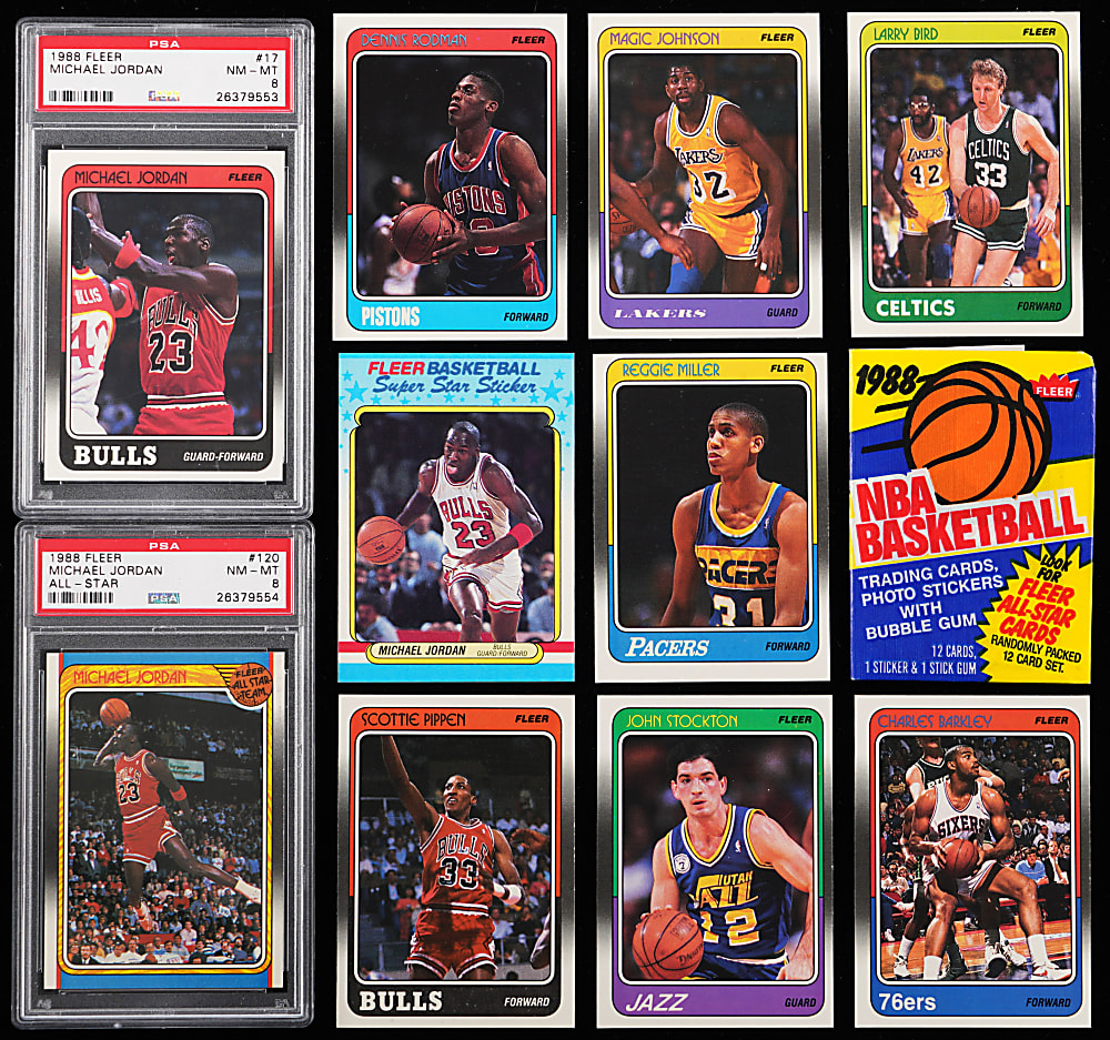 1988-1989 Fleer Basketball Complete Set (132) & Sticker Set (11) with PSA NM-MT 8 Jordan Graded Pair - Clean!