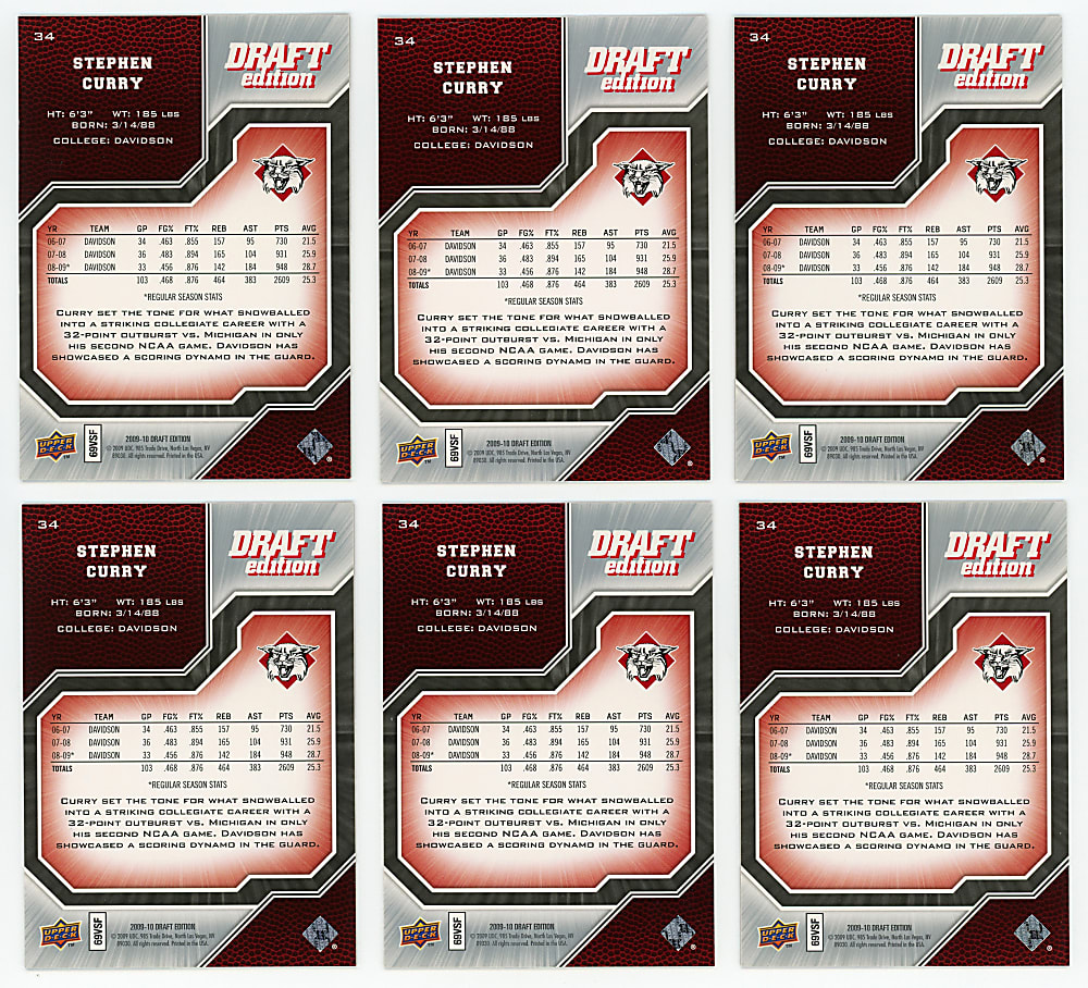 2009-2010 Upper Deck Draft Edition Basketball #34 Stephen Curry Rookie Collection (6)