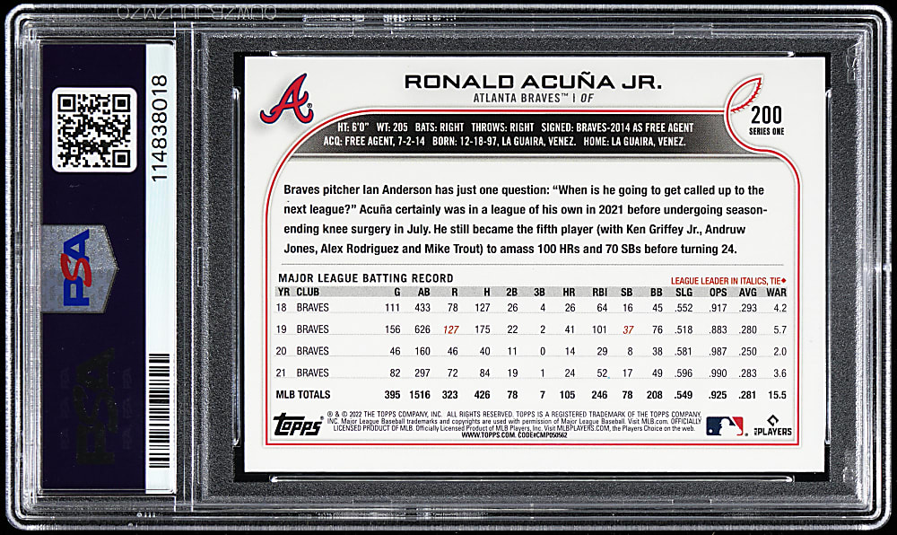 2022 Topps #200 Ronald Acuna Jr. Ultra Short Print PSA GEM MINT 10