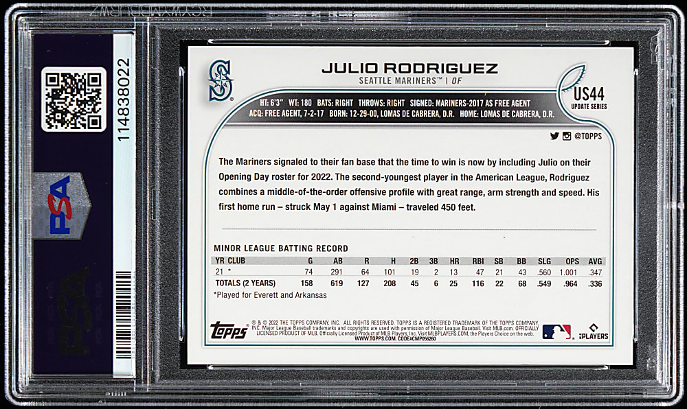 2022 Topps Update #US44 Julio Rodriguez Rookie Super Shortprint PSA GEM MINT 10