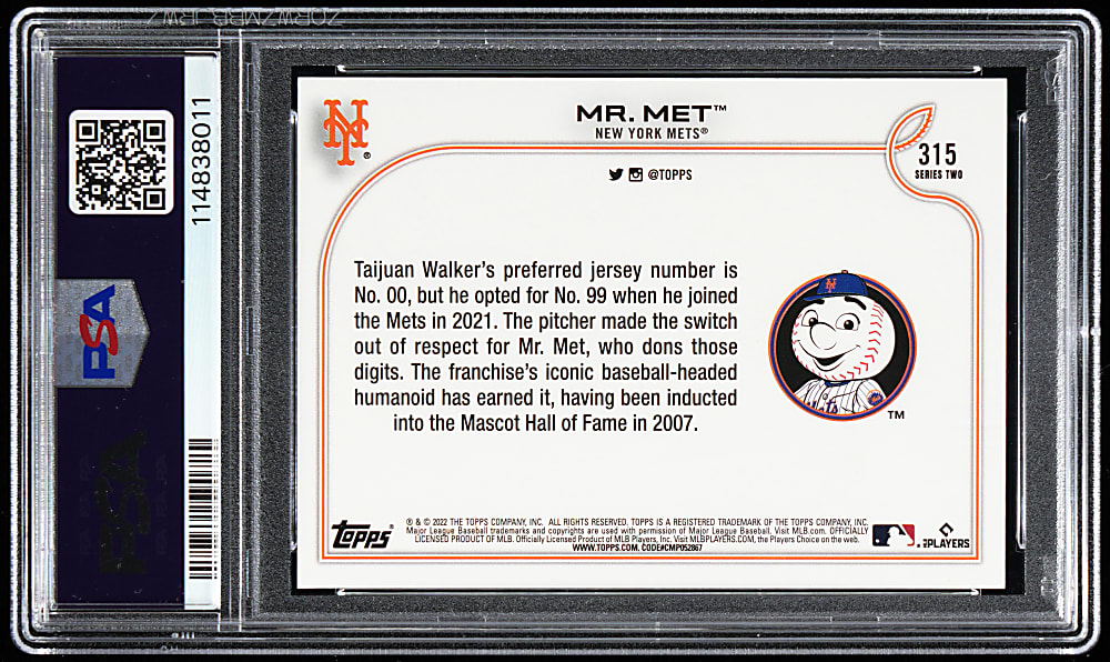 2022 Topps #315 "Mr. Met" Ultra Short Print PSA GEM MINT 10