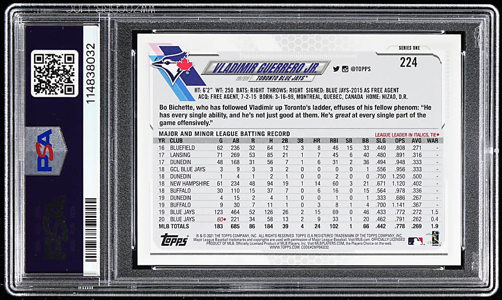 2021 Topps #224 Vladimir Guerrero Jr. Ultra Short Print PSA GEM MINT 10