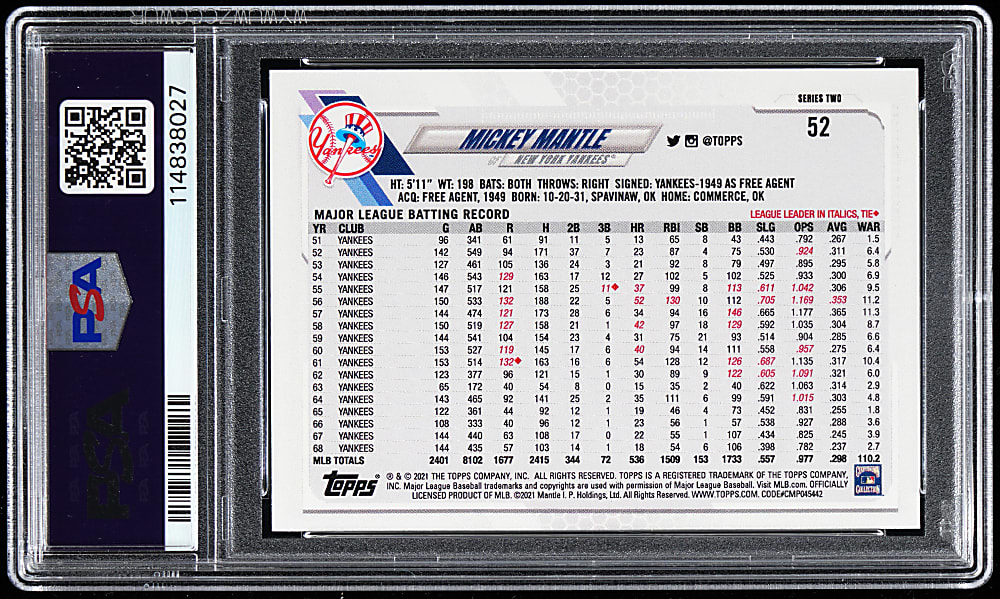 2021 Topps #52 Mickey Mantle Super Shortprint PSA GEM MINT 10