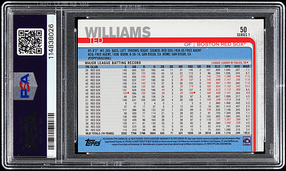 2019 Topps #50 Ted Williams Super Shortprint PSA GEM MINT 10