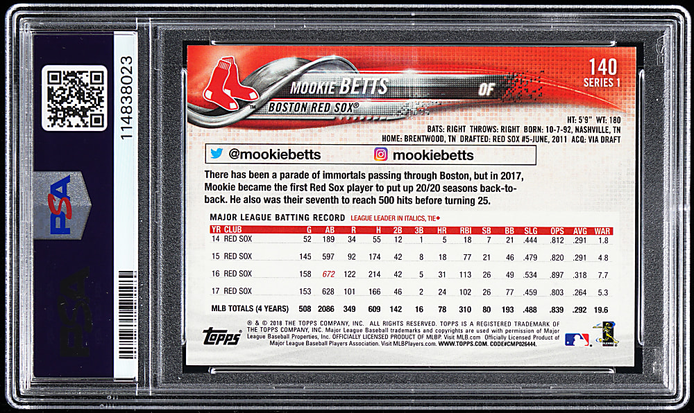 2018 Topps #140 Mookie Betts "Fist Up" Super Shortprint PSA MINT 9
