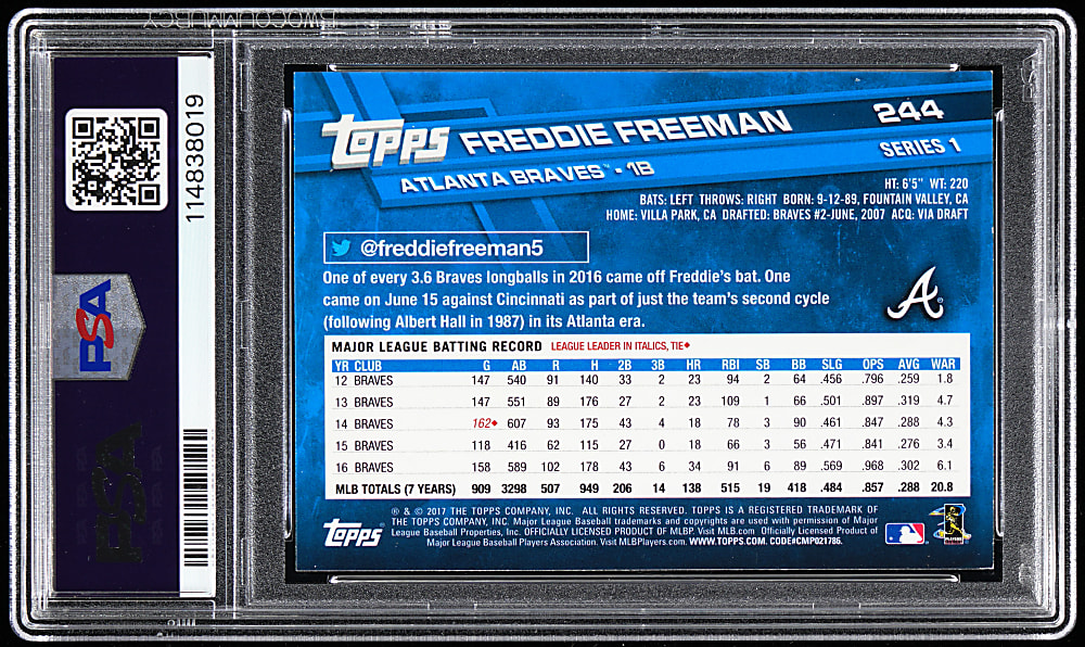 2017 Topps #244 Freddie Freeman "Ice Bath" Super Shortprint PSA MINT 9