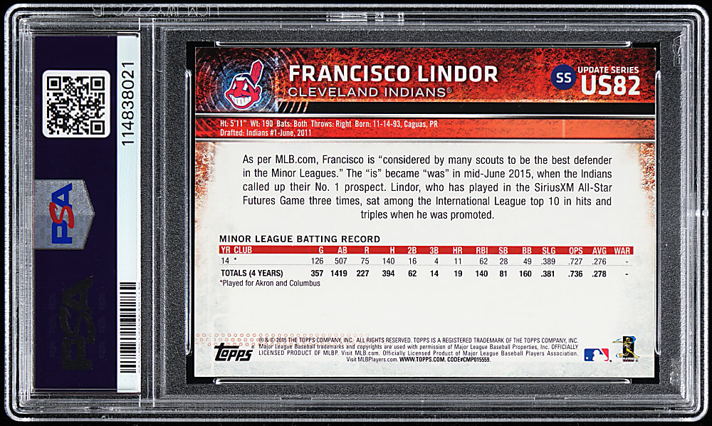 2015 Topps Update #US82 Francisco Lindor Rookie, Sparkle Under Glove Short Print Variation PSA NM-MT 8