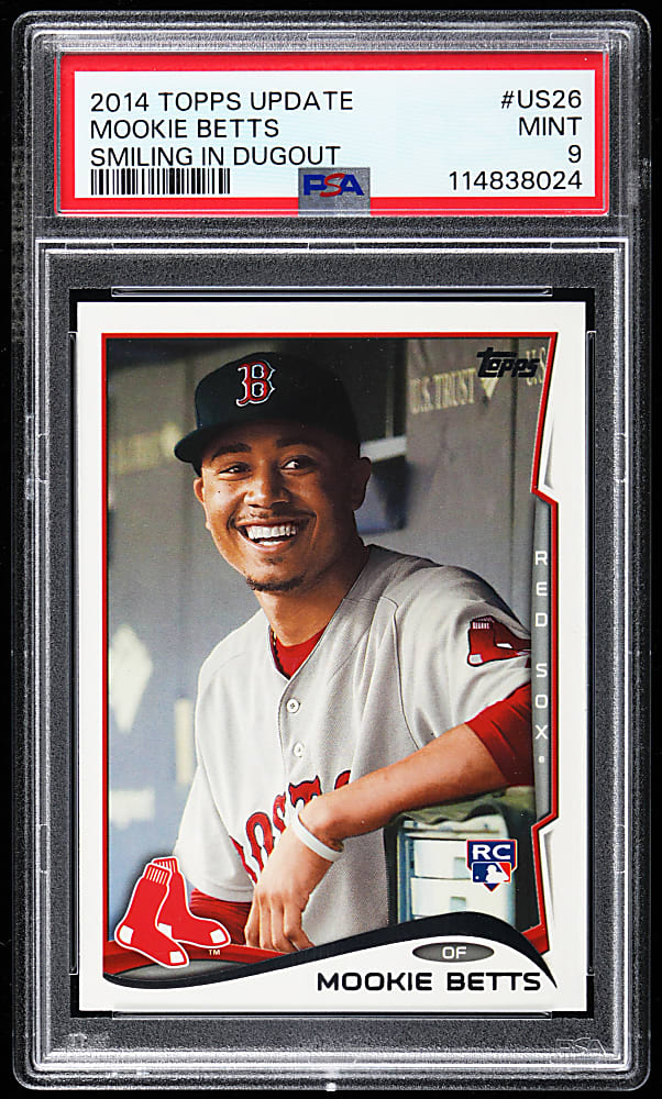 2014 Topps Update #US26 Mookie Betts Rookie, Smiling in Dugout Short Print PSA MINT 9