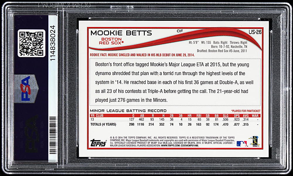 2014 Topps Update #US26 Mookie Betts Rookie, Smiling in Dugout Short Print PSA MINT 9