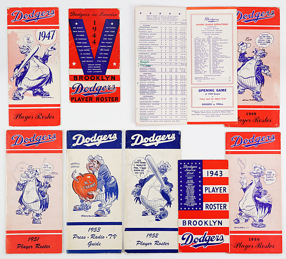 1943-1953 Brooklyn Dodgers Player Roster/Media Guide Collection (9) with (6) Featuring Jackie Robinson Including 1948 First Listing