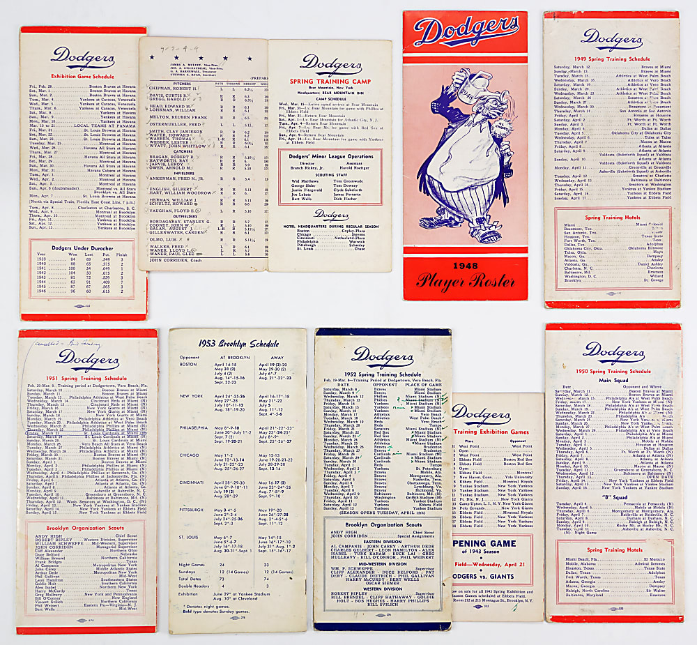 1943-1953 Brooklyn Dodgers Player Roster/Media Guide Collection (9) with (6) Featuring Jackie Robinson Including 1948 First Listing