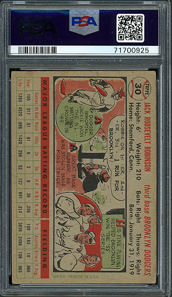 1956 Topps #30 Jackie Robinson (Gray Back) PSA VG+ 3.5