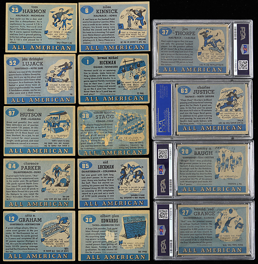 1955 Topps All-American Football Near Set (93/100) with (4) PSA Graded Including Baugh, Grange & Thorpe