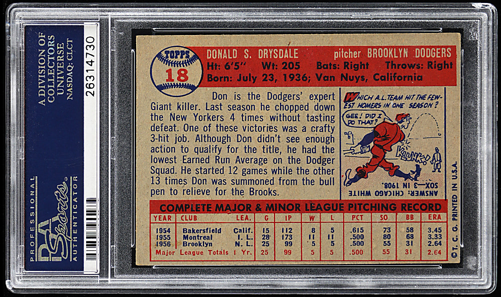 1957 Topps #18 Don Drysdale Rookie PSA EX+ 5.5
