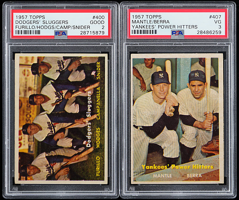 1957 Topps Specialty Card Pair with #400 Dodgers' Sluggers PSA GOOD 2 & #407 Yankees Power Hitters' Mantle/Berra PSA VG 3