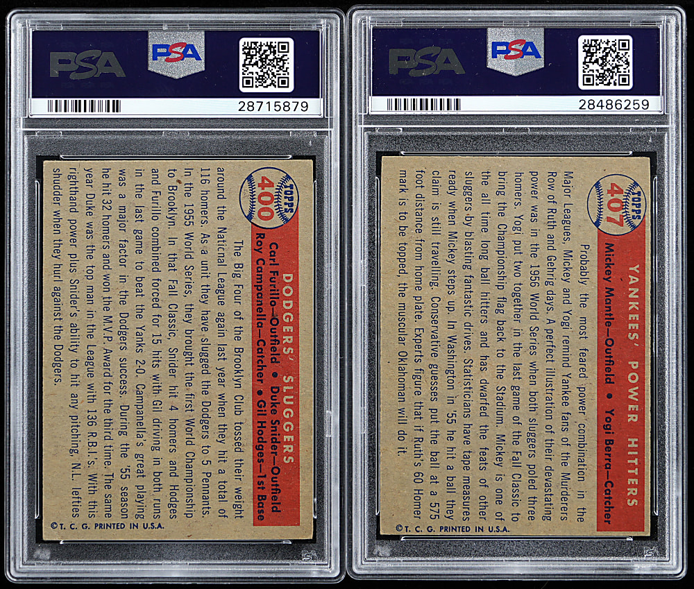 1957 Topps Specialty Card Pair with #400 Dodgers' Sluggers PSA GOOD 2 & #407 Yankees Power Hitters' Mantle/Berra PSA VG 3