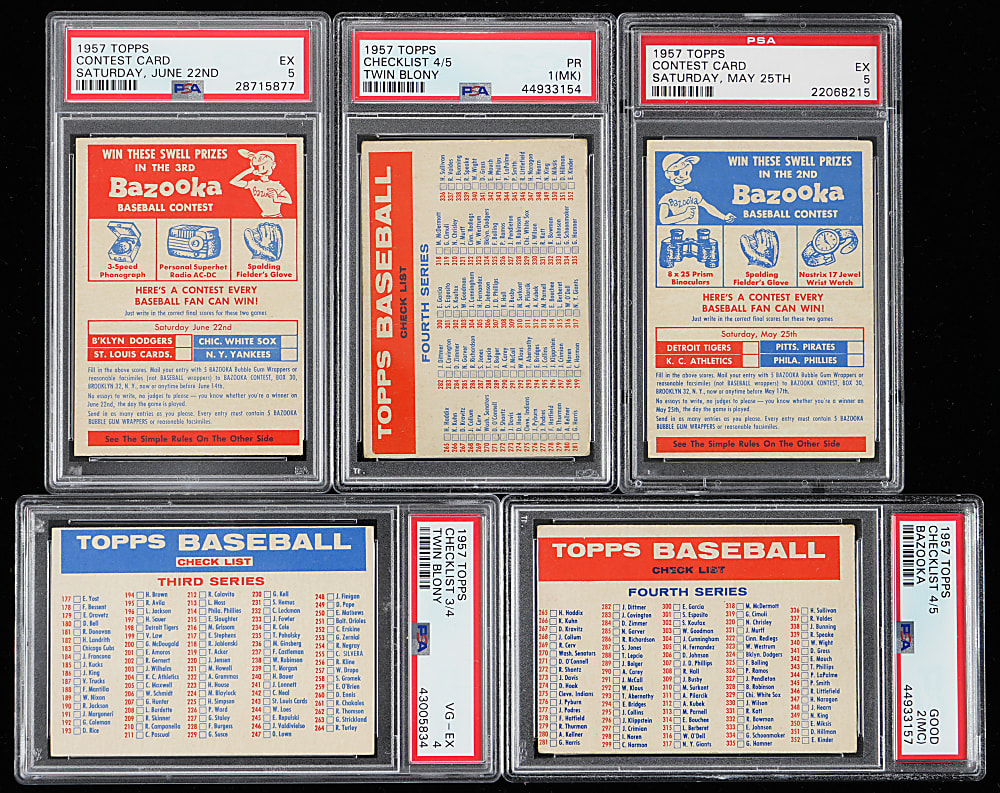 1957 Topps Unnumbered Set (13) with All Checklist Variations, Contest Cards, Lucky Penny Insert & (5) PSA Graded