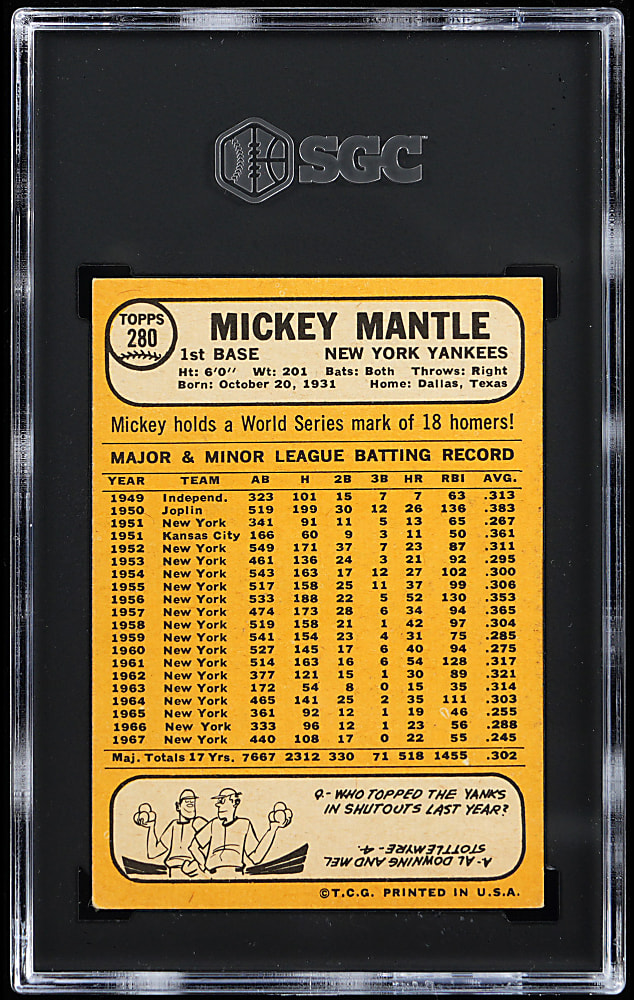 1968 Topps #280 Mickey Mantle SGC VG/EX 4