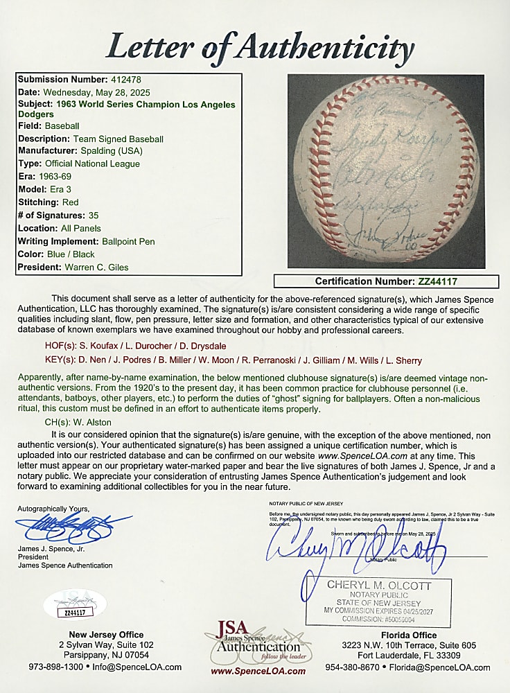 1963-1964 Los Angeles Dodgers Team-Signed ONL/Giles Baseball with (35) Signatures Including Koufax, Drysdale, Durocher & Aaron - Full JSA LOA