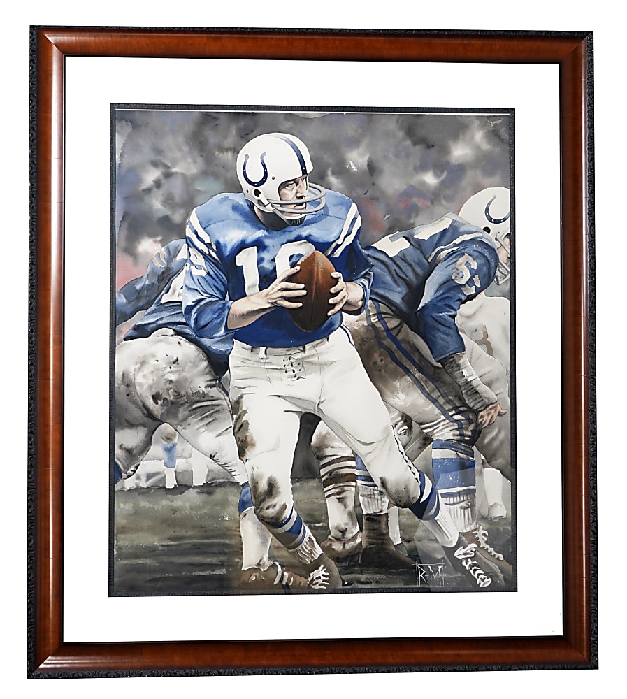 Johnny Unitas Original Watercolor Painting by Renowned Artist Rich Marks in Massive 48” x 55” Framed Display