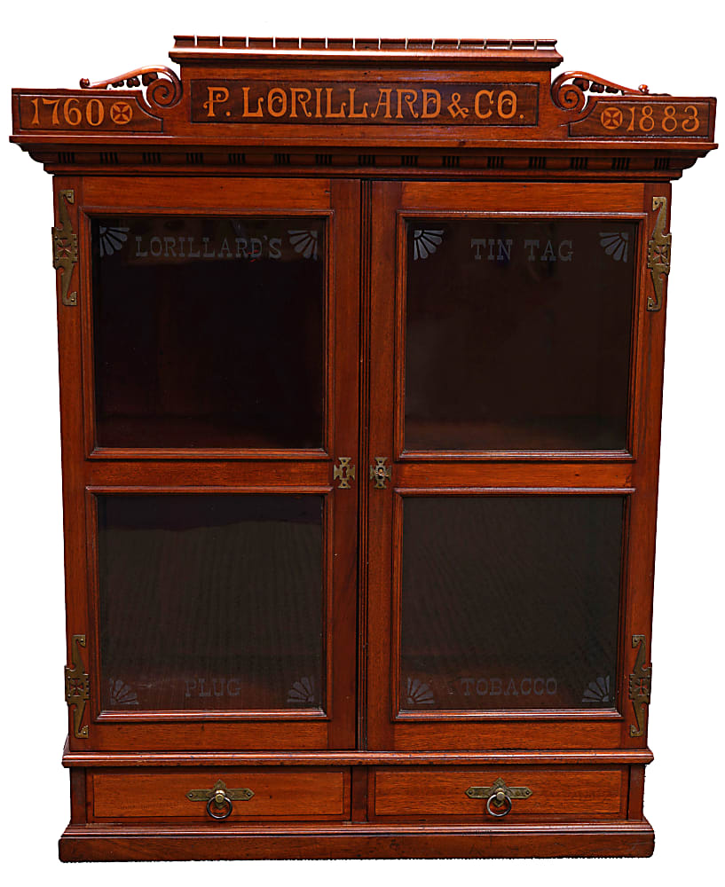 1883 P. Lorillard & Co. Tin Tag Tobacco Countertop Display Cabinet