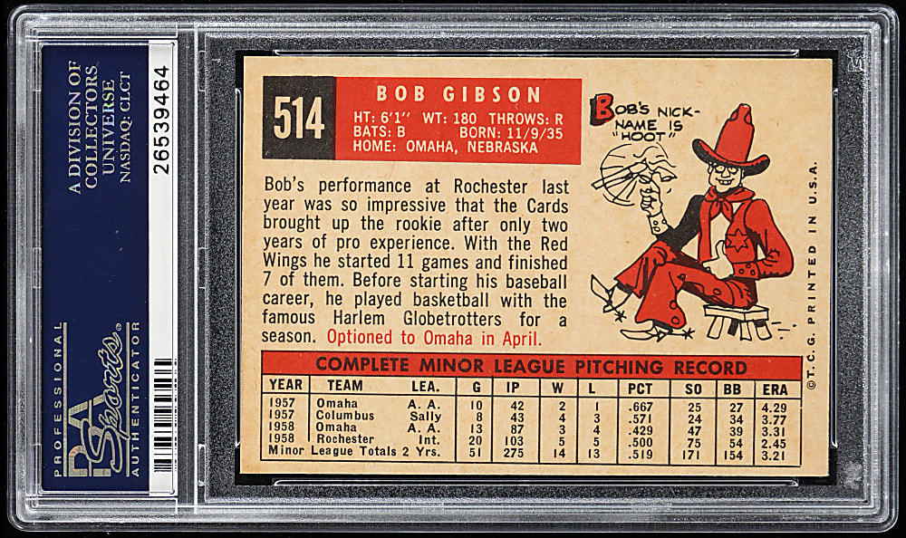 1959 Topps #514 Bob Gibson Rookie PSA NM-MT 8 (oc)