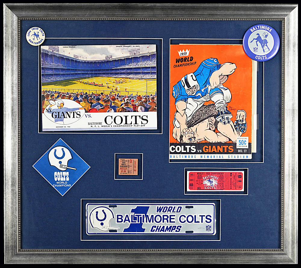 1958-1959 Baltimore Colts Framed Display with Four Championship Game Programs & Tickets (1 Stub, 1 Full)