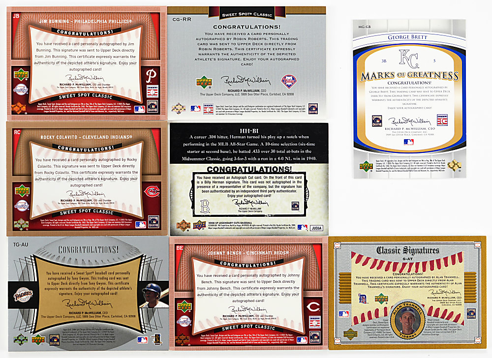 2002-2008 Upper Deck Hall of Fame & Star Certified Autographs (8) with Bench, Brett & Gwynn