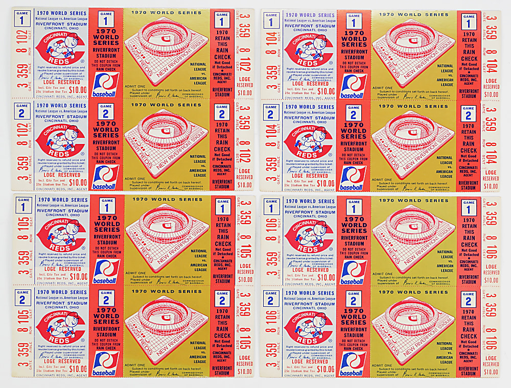 1970 Cincinnati Reds World Series Games 1 and 2 Unused Full Ticket Blocks (15) - Clean