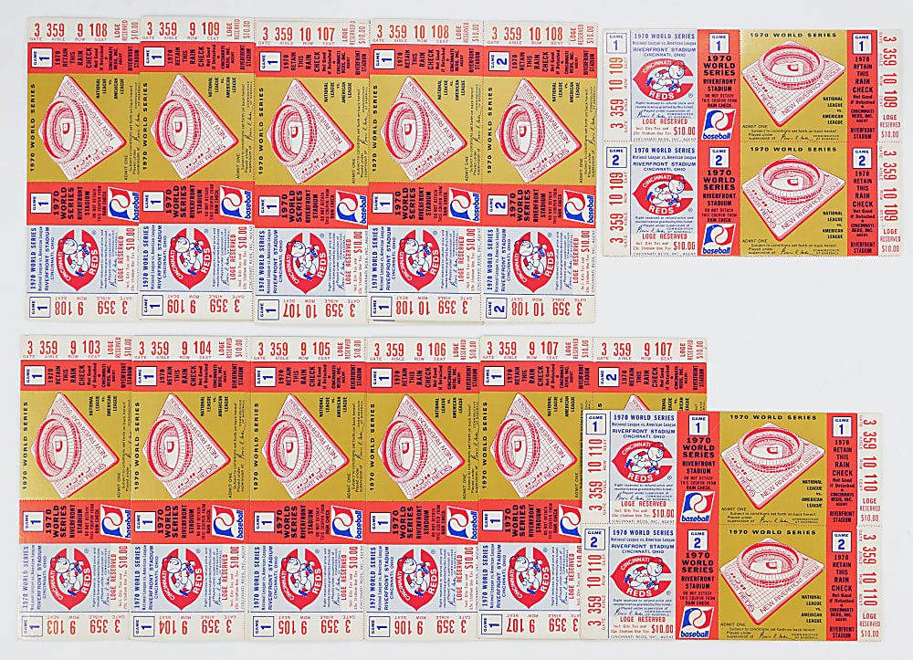 1970 Cincinnati Reds World Series Games 1 and 2 Unused Full Ticket Blocks (15) - Clean