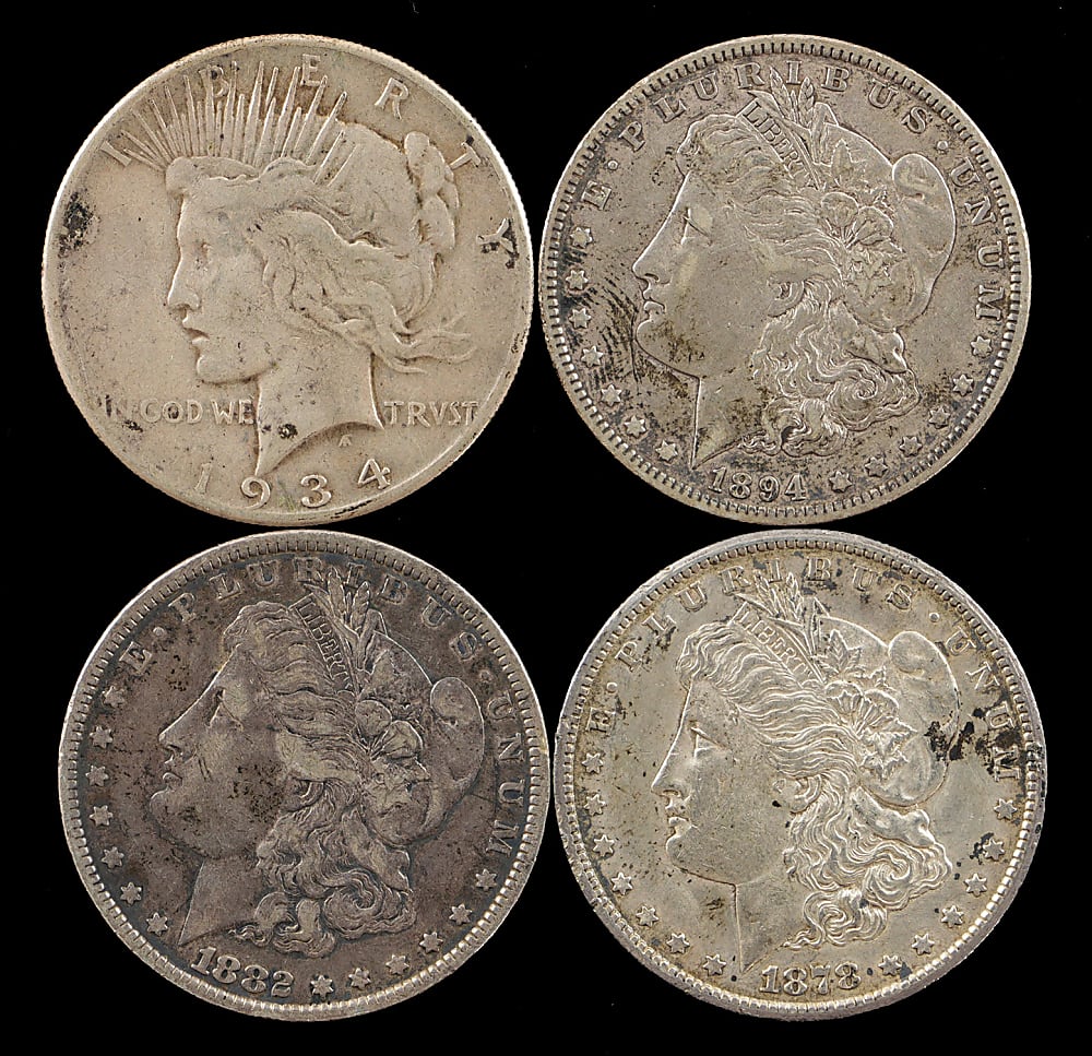 1878-1934 Morgan/Peace Silver Dollars (4) with 1878-CC & 1894-O