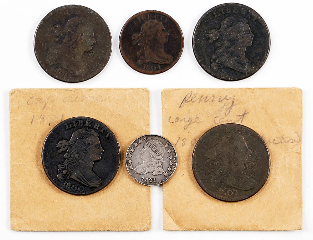 1800-1821 U.S. Type Coins (6) with 1800/79 Draped Bust Cent & 1821 Capped Bust Dime