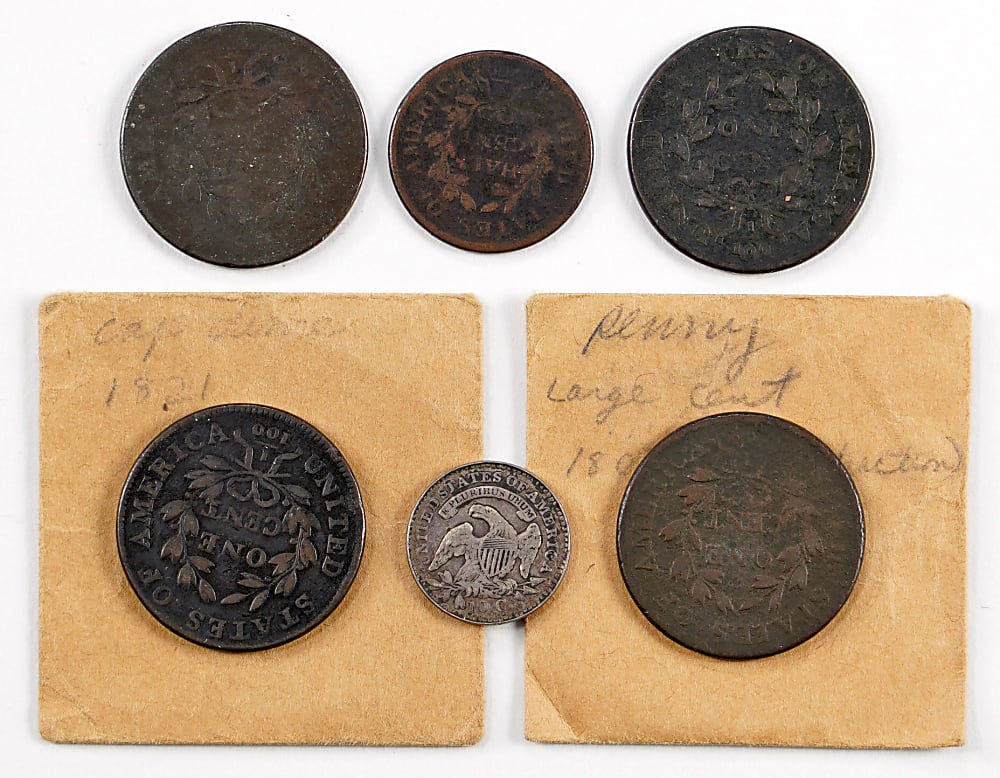 1800-1821 U.S. Type Coins (6) with 1800/79 Draped Bust Cent & 1821 Capped Bust Dime