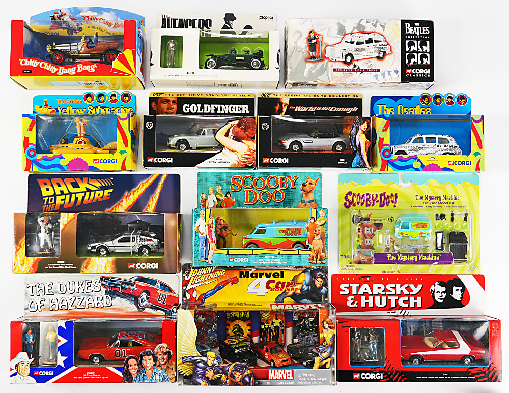 1990s-2000s Corgi/Johnny Lightning Pop Culture Vehicles Collection (57) in Original Packages with The Beatles, 007 & Spider-Man