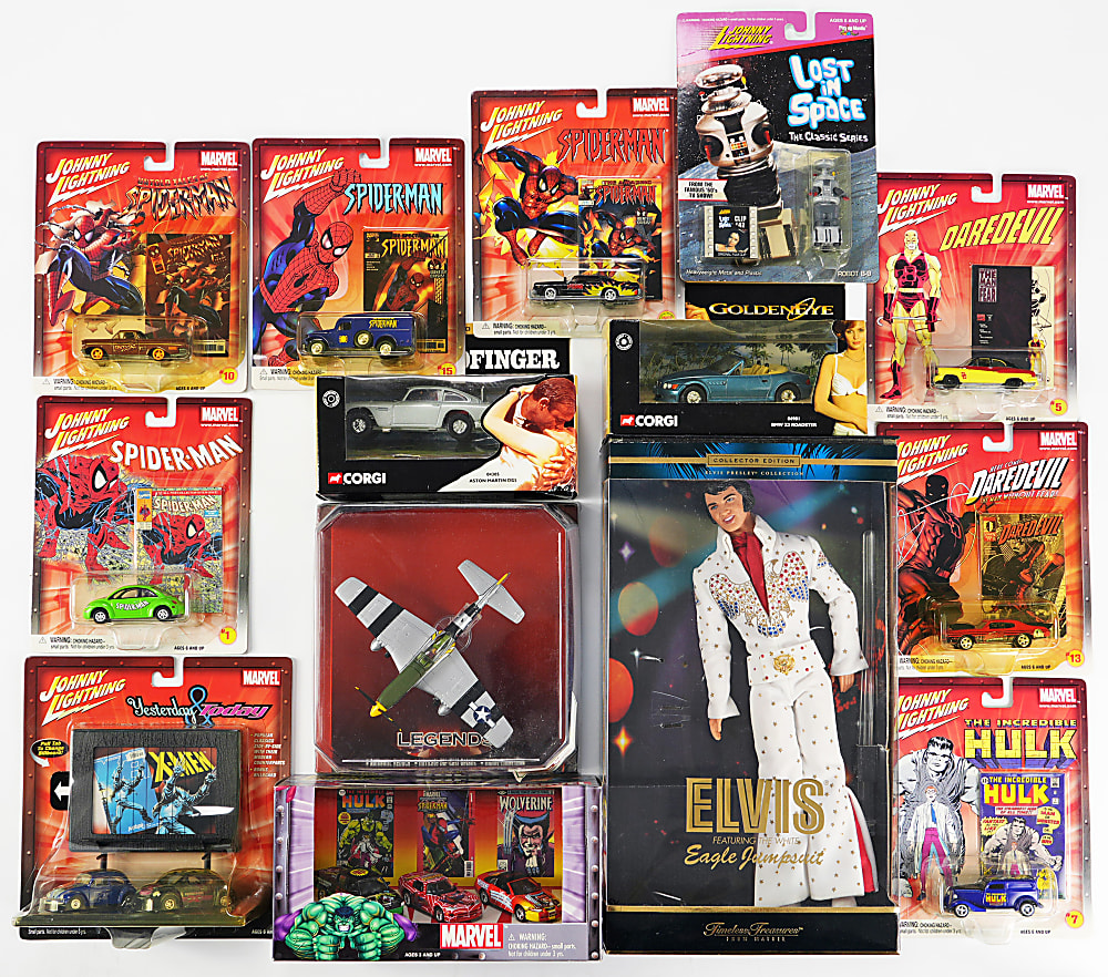 1990s-2000s Corgi/Johnny Lightning Pop Culture Vehicles Collection (57) in Original Packages with The Beatles, 007 & Spider-Man