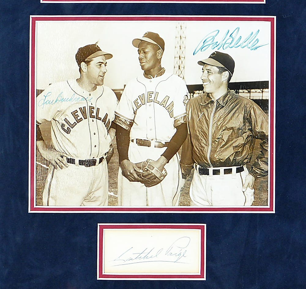 1948 Cleveland Indians World Champions Display with Satchel Paige Cut Signature & Lou Boudreau/Bob Feller Dual-Signed Period Photograph